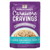 Stella & Chewy's Carnivore Cravings Savory Shreds Salmon, Tuna & Mackerel In Broth Grain-Free Pouch Cat Food 2.8oz