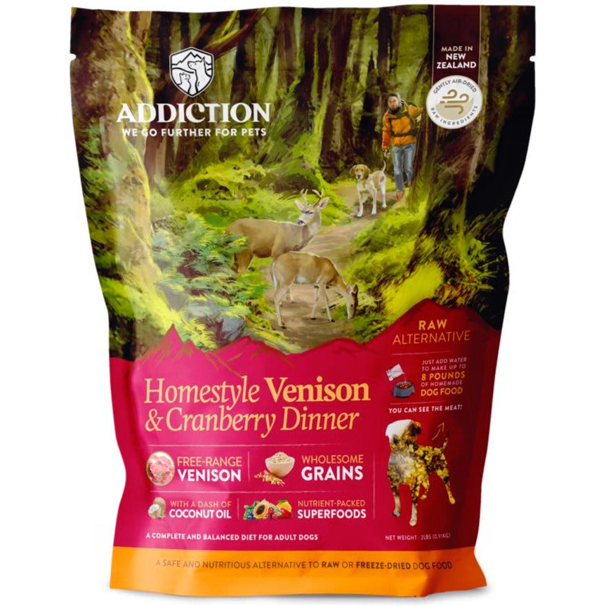 15% OFF: Addiction Homestyle Venison & Cranberry Dinner Raw Alternative Dog Food 2lb