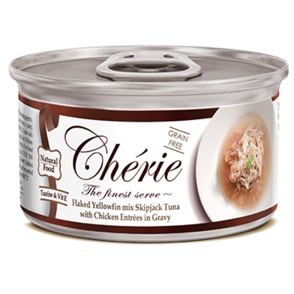Cherie Flaked Yellowfin Mix Skipjack Tuna With Chicken Entr‚àö¬©es In Gravy Canned Cat Food 80g