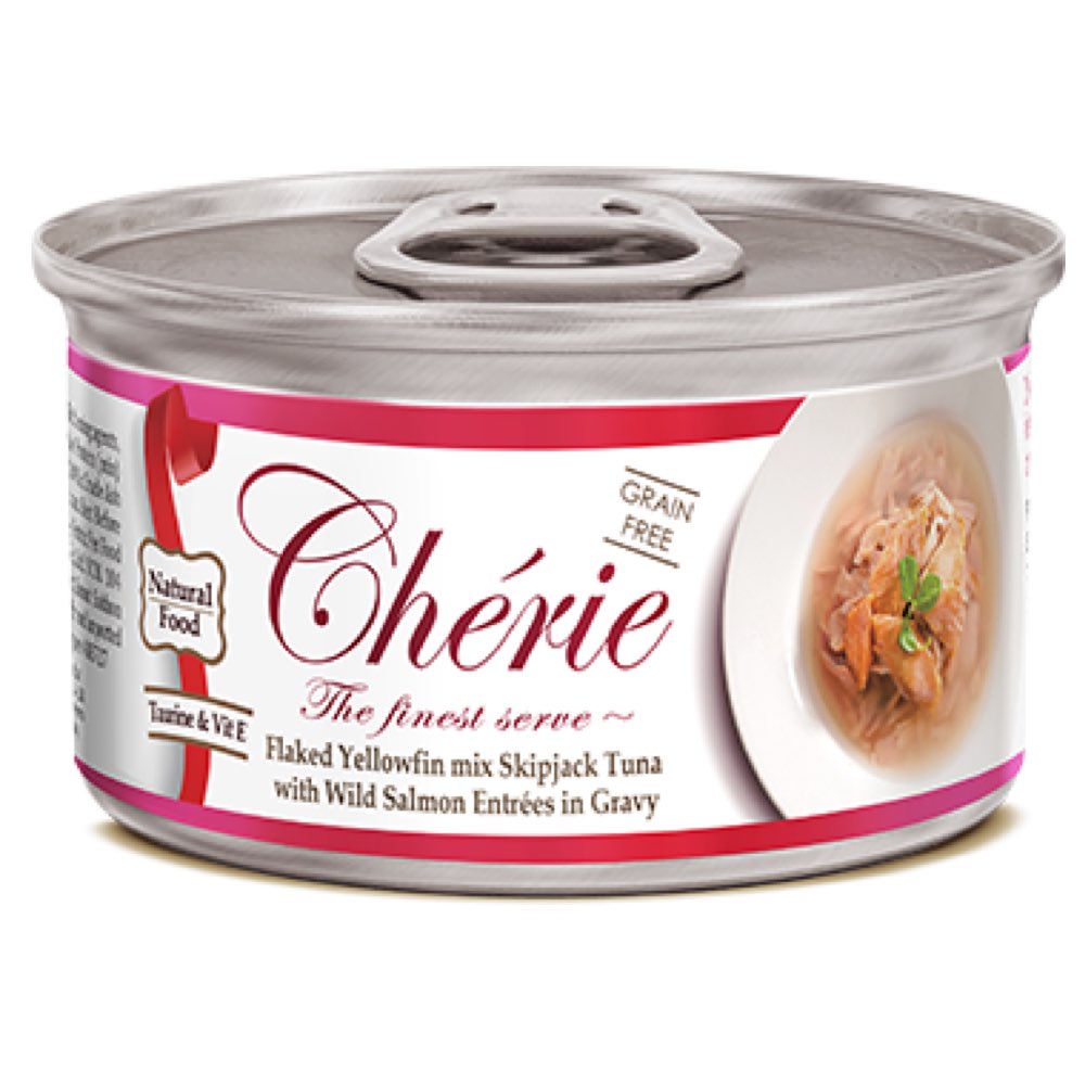 Cherie Flaked Yellowfin Mix Skipjack Tuna With Wild Salmon Entr‚àö¬©es In Gravy Canned Cat Food 80g