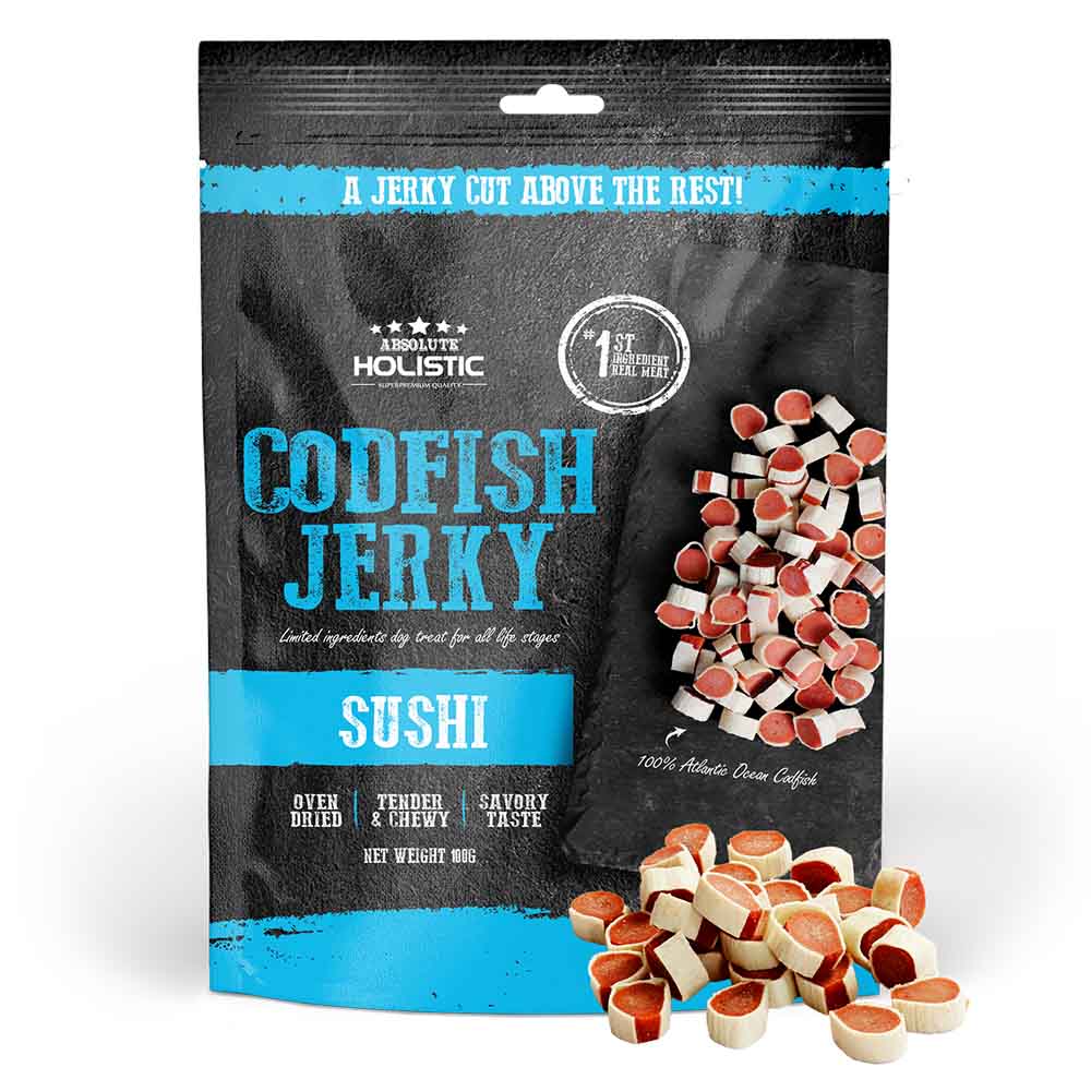 20% OFF: Absolute Holistic Codfish & Whitefish Sushi Grain Free Dog Treats 100g