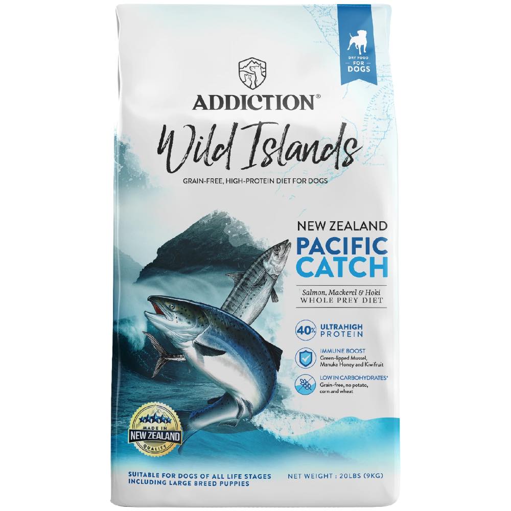 15% OFF/FREE TREATS: Addiction Wild Islands Pacific Catch Salmon, Mackerel & Hoki Grain Free Dry Dog Food