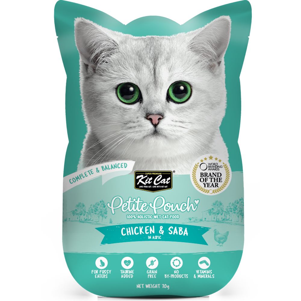 30% OFF: Kit Cat Petite Pouch Chicken & Saba In Aspic Grain-Free Pouch Cat Food 70g x 12