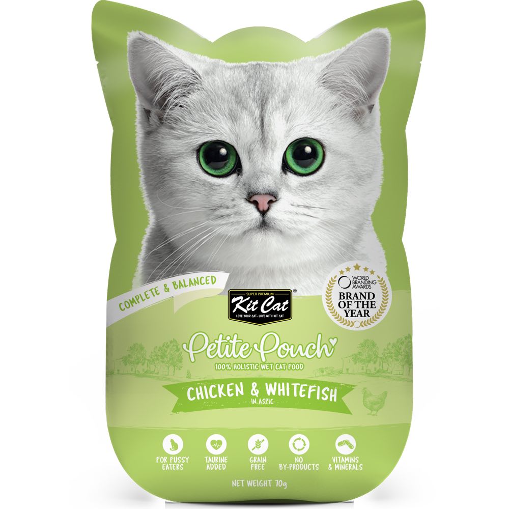 30% OFF: Kit Cat Petite Pouch Chicken & Whitefish In Aspic Grain-Free Pouch Cat Food 70g x 12