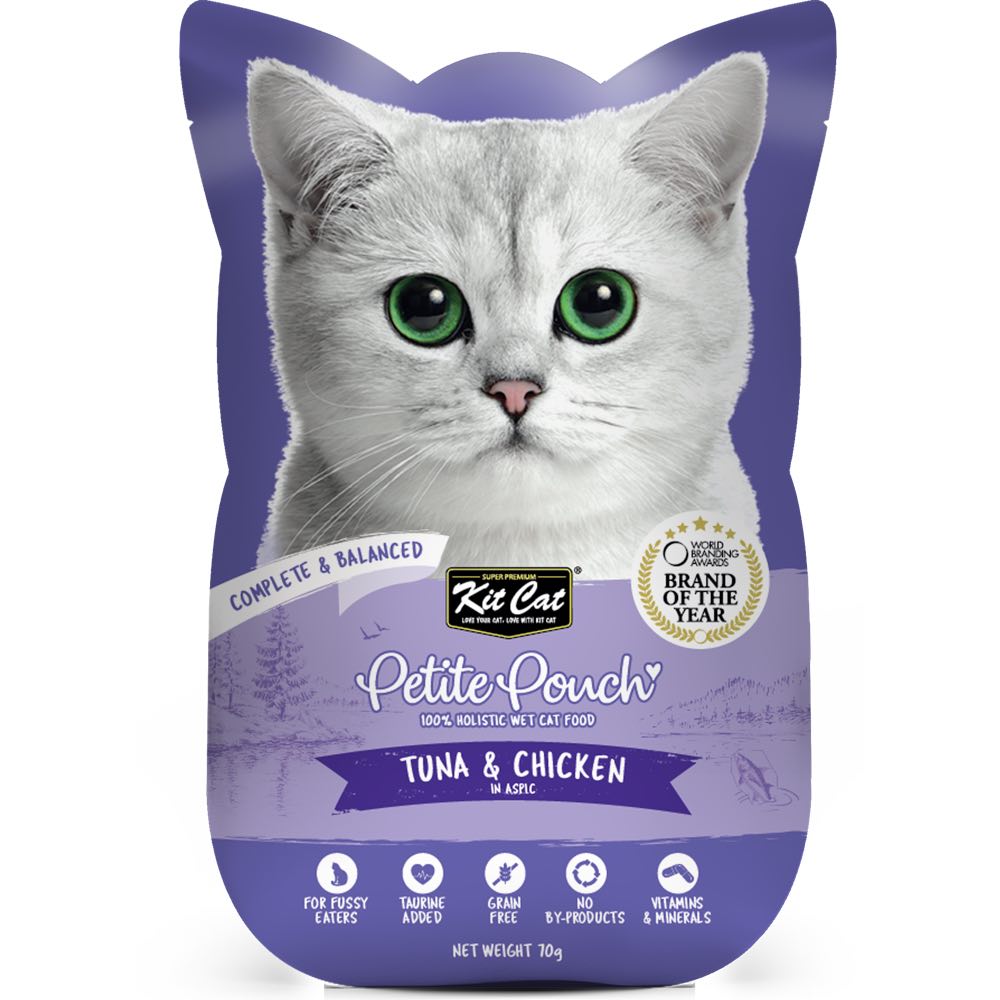 30% OFF: Kit Cat Petite Pouch Tuna & Chicken In Aspic Grain-Free Pouch Cat Food 70g x 12