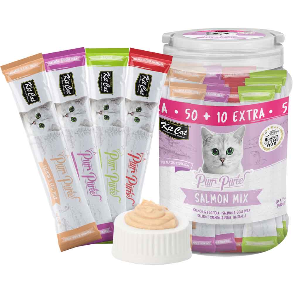 Kit Cat Purr Puree Salmon Mix Assorted Grain-Free Liquid Cat Treats 60 Sticks