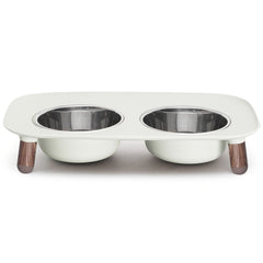 Messy Mutts Adjustable Elevated Double Feeder With Stainless Steel Dog Bowls (Light Grey, Faux Wood Legs)