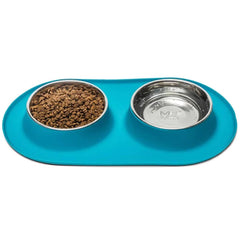 Messy Mutts Double Silicone Feeder With Stainless Steel Dog Bowls (Blue)