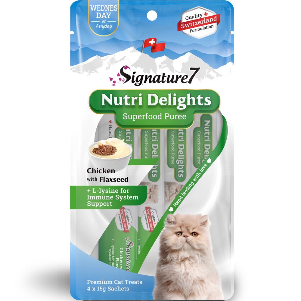Signature7 Nutri Delights Superfood Chicken With Flaxseed & L-lysine (Wed) Puree Cat Treats 60g