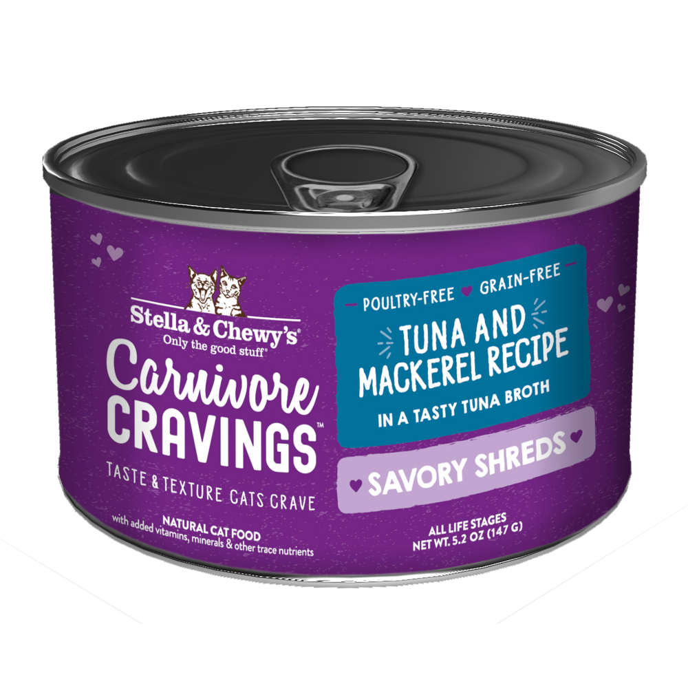 Stella & Chewy's Carnivore Cravings Savory Shreds Tuna & Mackerel in Broth Grain-Free Canned Cat Food 5.2oz