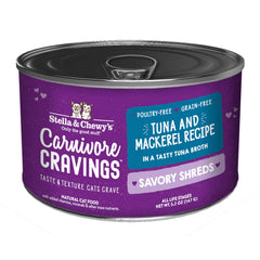 Stella & Chewy's Carnivore Cravings Savory Shreds Tuna & Mackerel in Broth Grain-Free Canned Cat Food 5.2oz